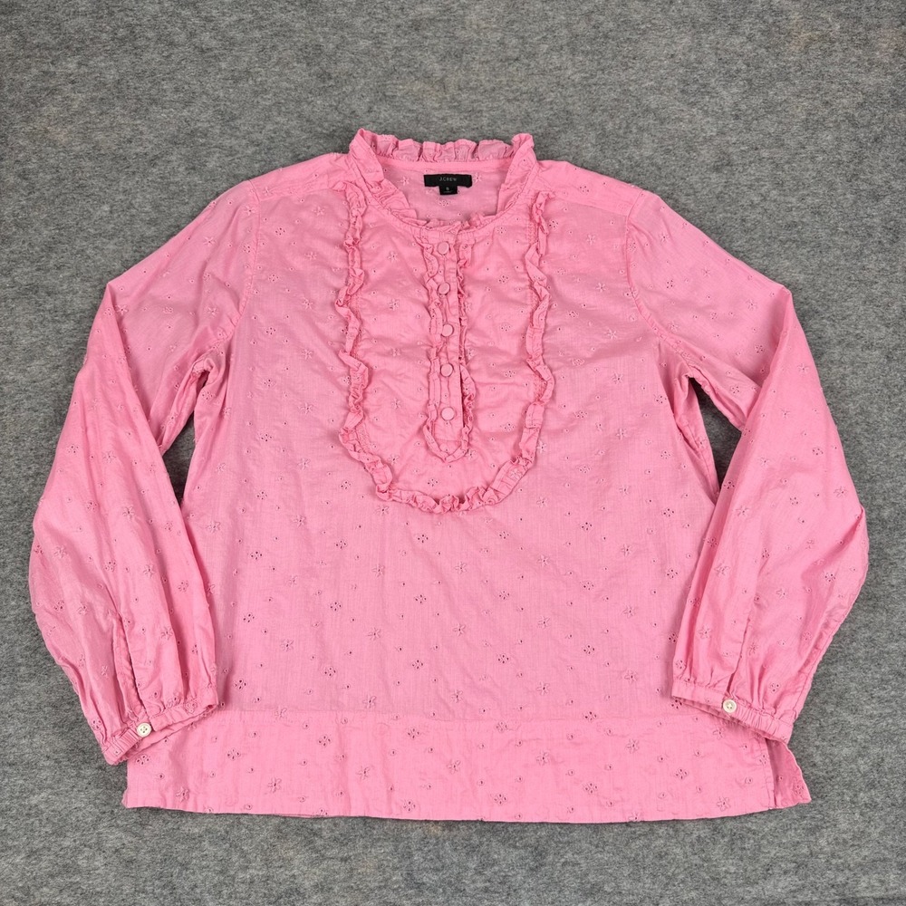 J Crew Ruffle Neck Button Front Eyelet Popover Pink AJ417 Womens Small‎ S